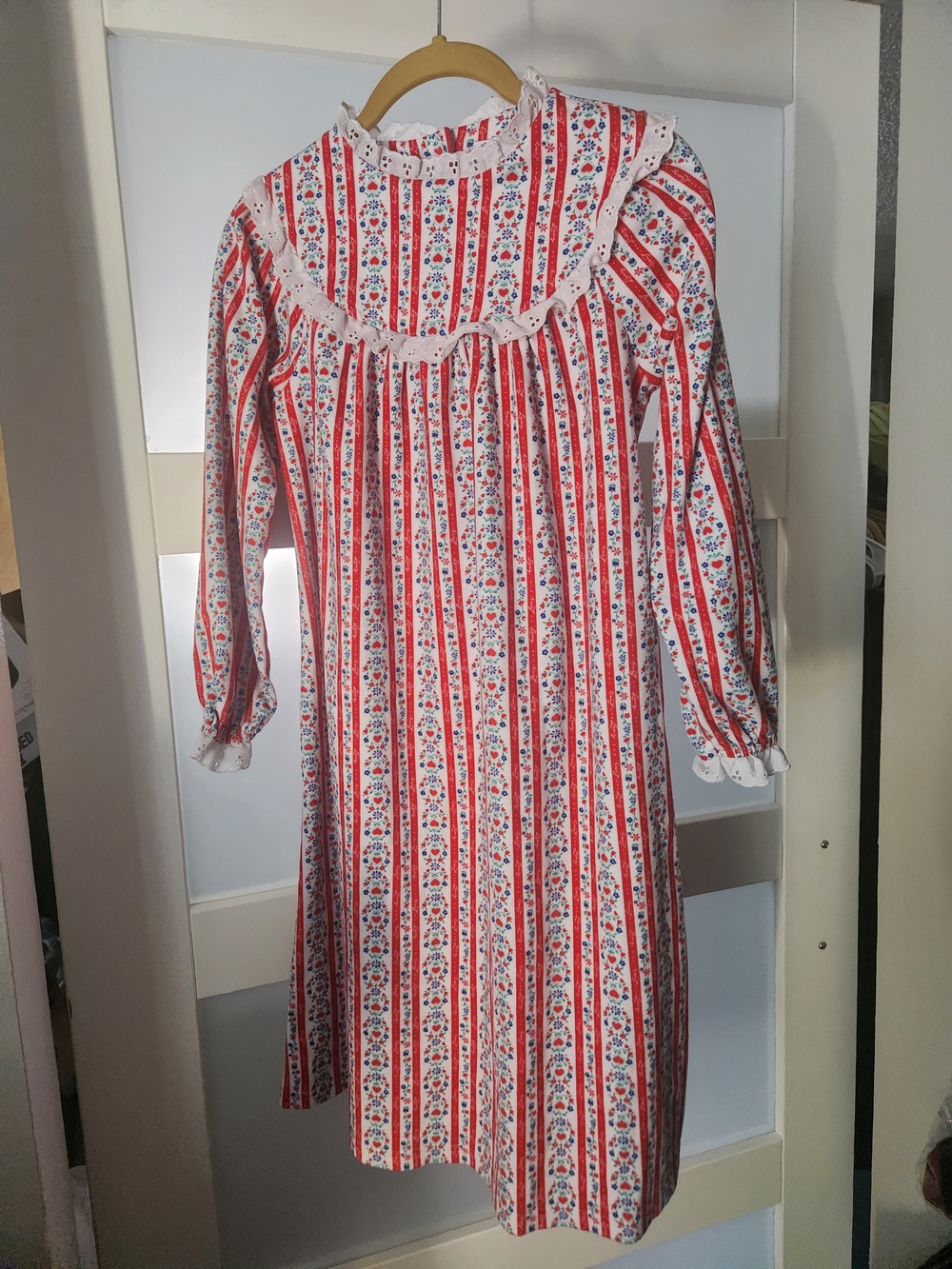 Girls' Red & White Floral Stripe Nightgown with Ruffle Trim
